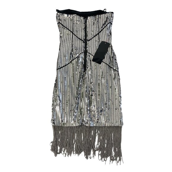 Bebe Uptown Strapless Sequin Fringe Dress Silver Gunmetal Cocktail S NWT $206 - Picture 13 of 15